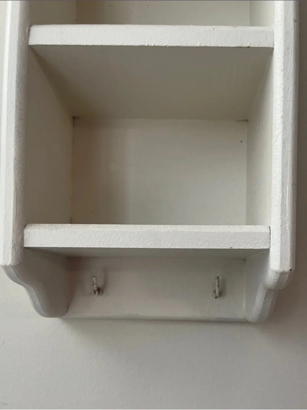 Off White / cream painted decorative Wood Wall Shelf w hooks -